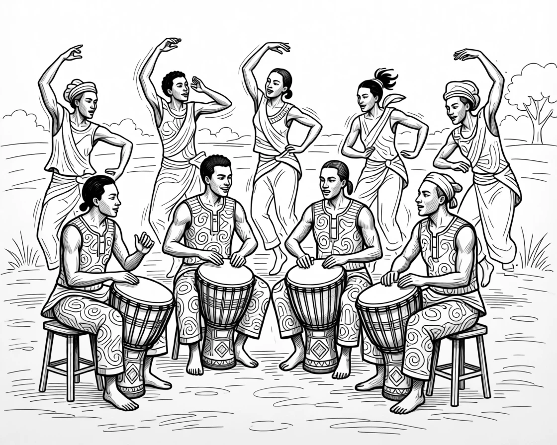 A traditional African drumming circle with dancers moving to the rhythm.