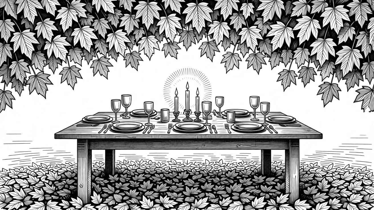 A candlelit table set for a winter celebration under a canopy of autumn leaves in every shade of gold, with the rich texture of fallen leaves underfoot, capturing a wonderfully inviting seasonal moment.