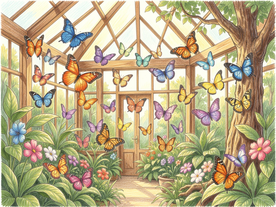 A butterfly conservatory filled with fluttering wings of every color, with soft, natural light bringing warmth to every detail, radiating comfort, joy, and quiet beauty.