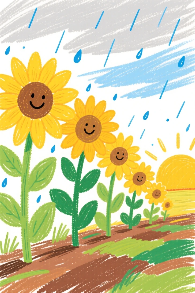 A view of a row of sunflowers facing the morning sun as gentle rain begins to fall.