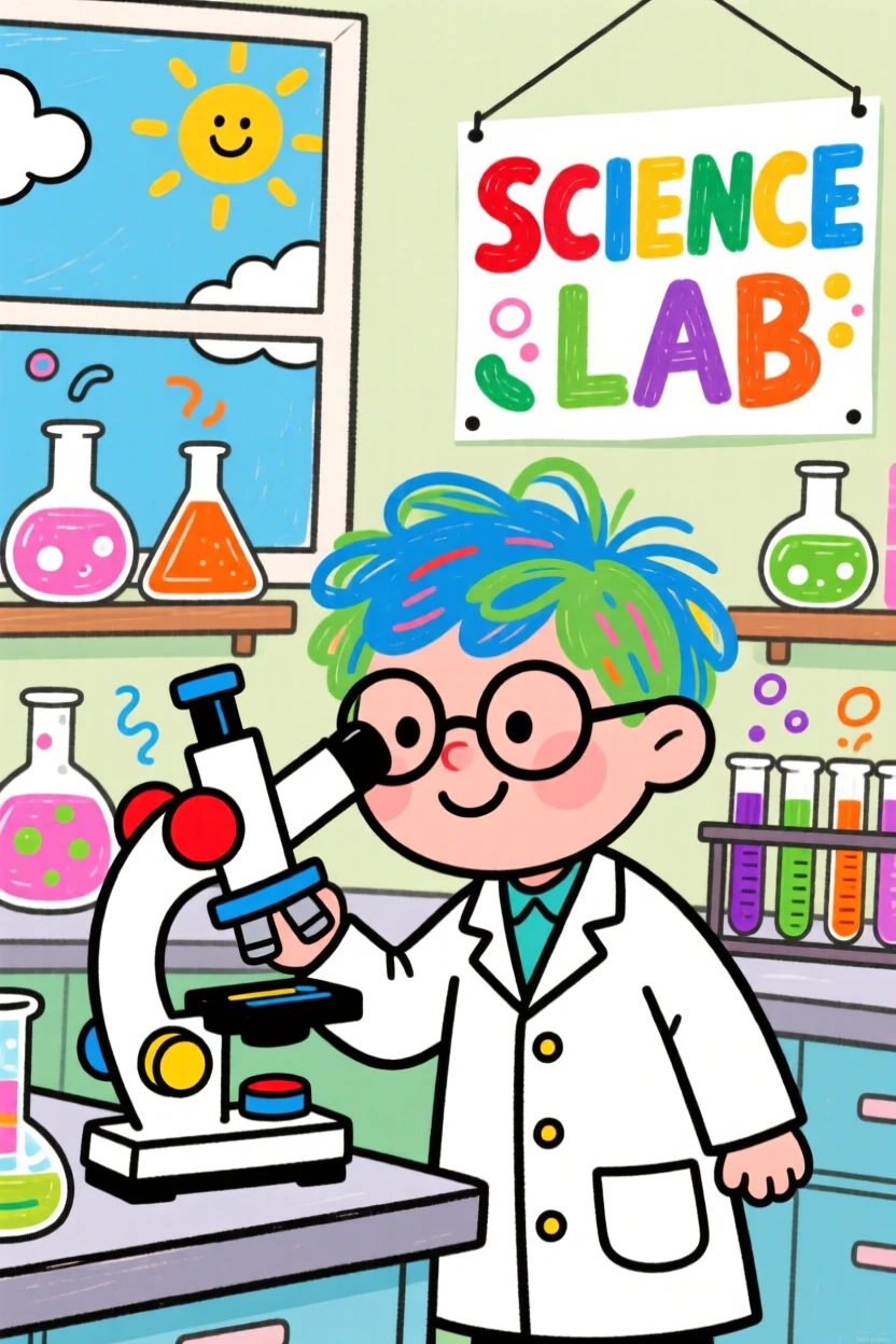 A scientist looking through a microscope in a colorful lab.
