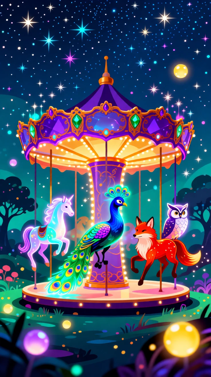 A magical carousel with glowing animals spinning under starlight, set within a mystical realm glowing with soft magical light, arranged with soft sparkles and glowing highlights throughout, with rich jewel tones that evoke wonder and imagination.