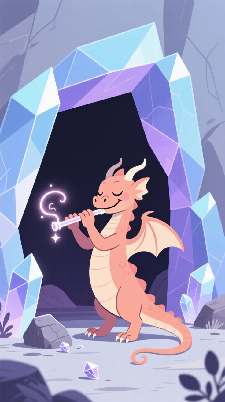 A young dragon playing a magical flute near a crystal cave.