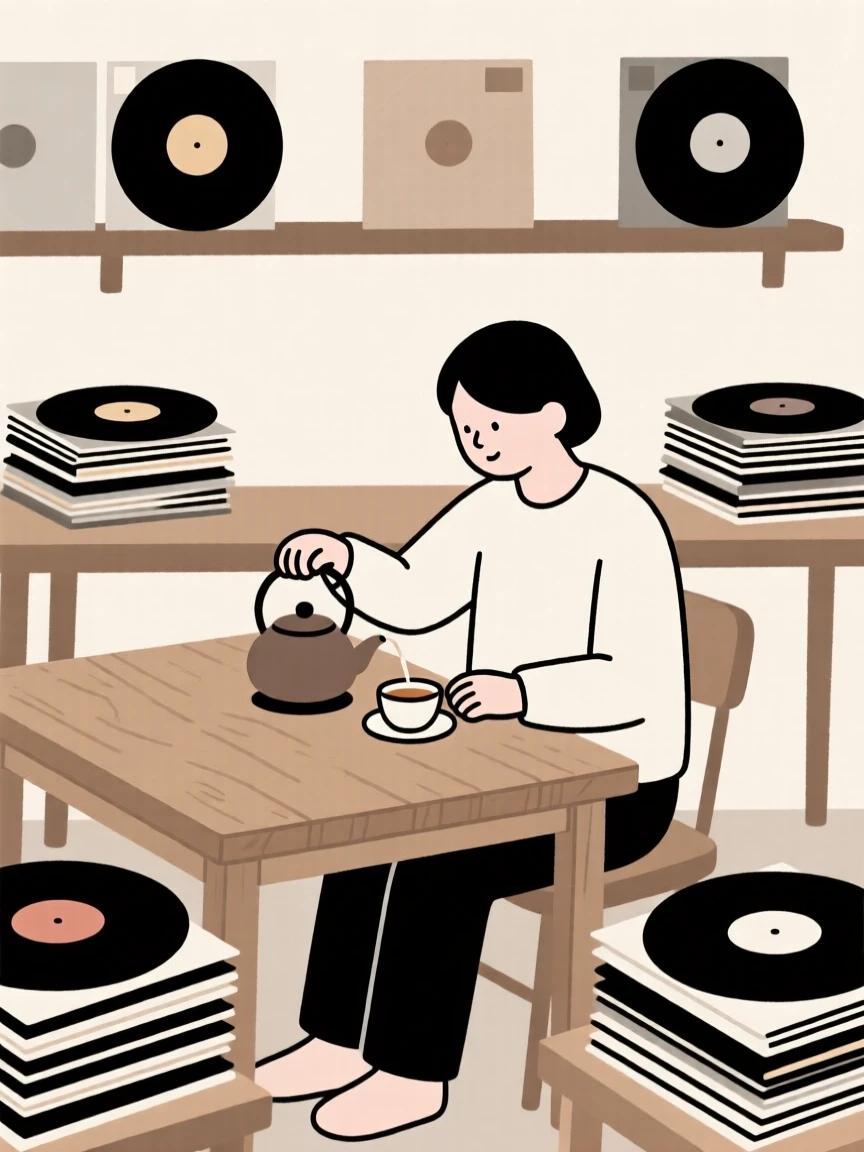 A person brewing a pot of tea in a cozy workshop, surrounded by stacks of vinyl records, showing peaceful absorption.