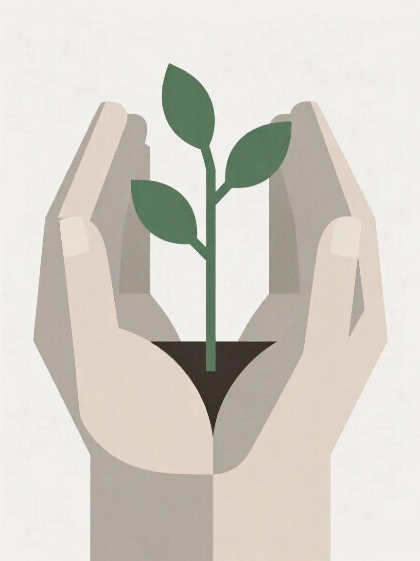 A pair of hands holding a growing plant