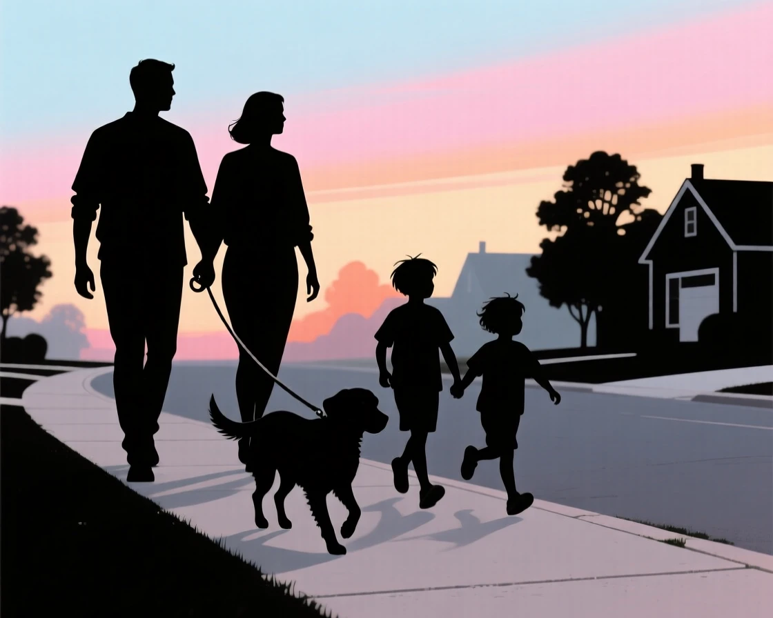 A family walking their dog together along a quiet neighborhood sidewalk.