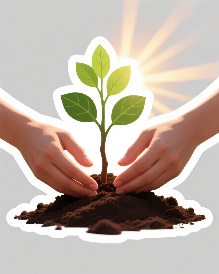 A warmly encouraging scene of a hands planting a young tree in rich soil, framed by soft rays of morning sun, representing a new beginning.