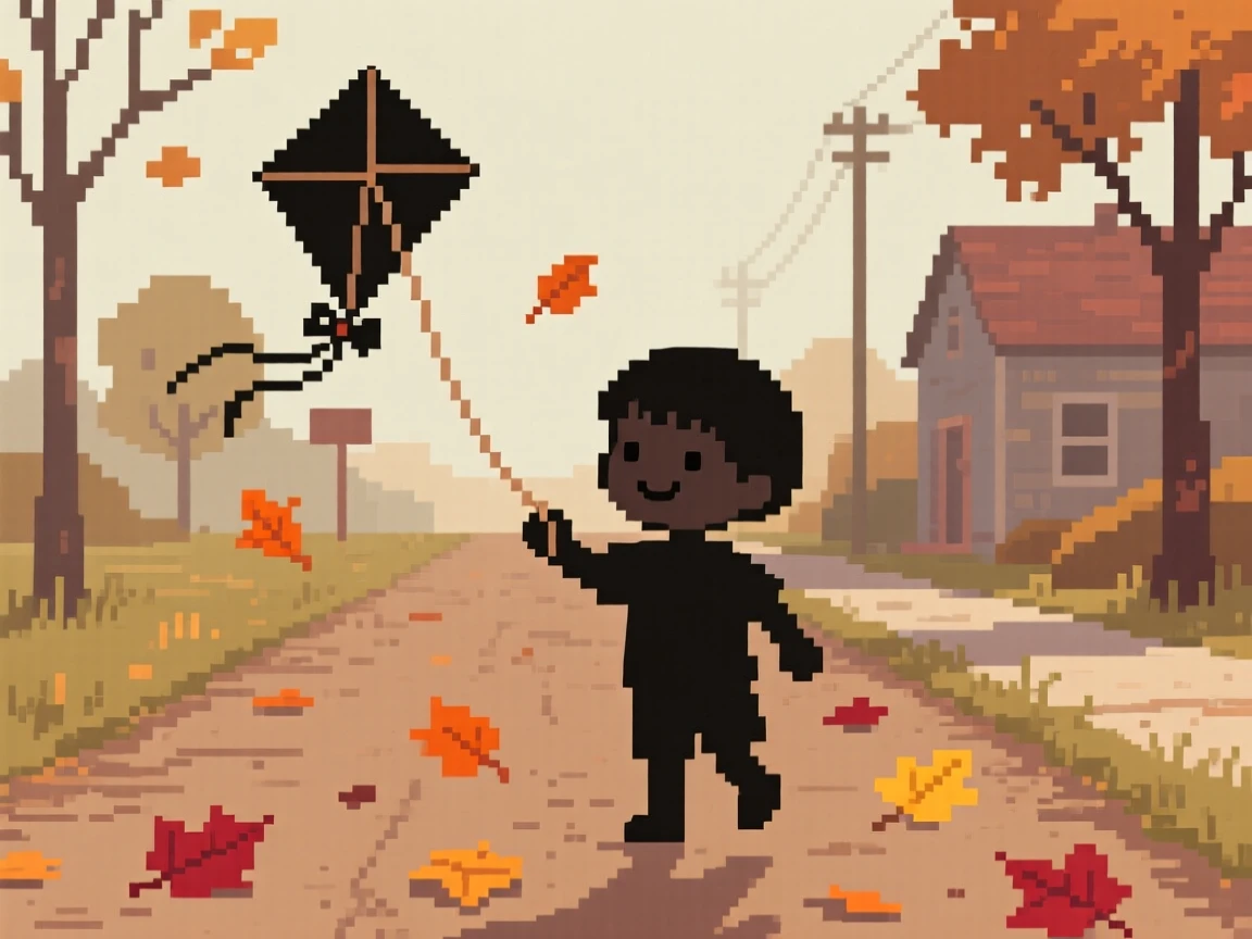 A child flying a kite surrounded by fallen leaves on a quiet street, along a dirt road leading out of town.