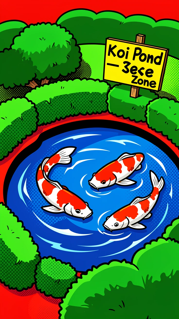 A koi pond surrounded by manicured Japanese garden hedges