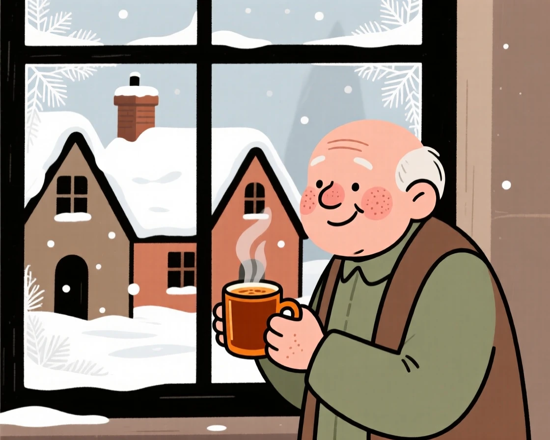 Snow blankets a row of cottage rooftops while a elderly man watches from a frosted window, a mug of spiced cider warming their hands.