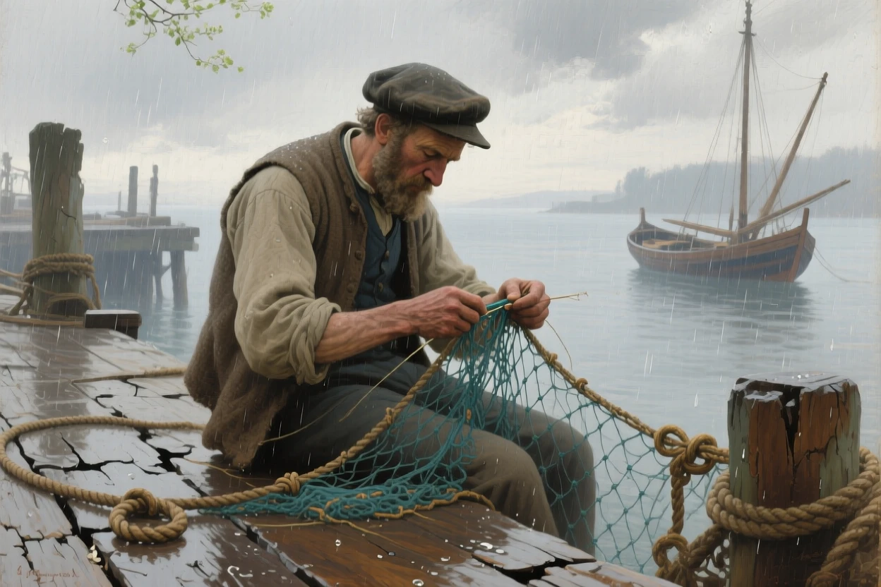 A detailed close shot of an old sailor mending a fishing net on a weathered dock, during a gentle spring shower, in the early 19th century.