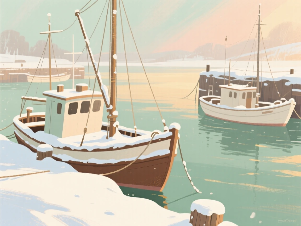 A quiet winter harbor with fishing boats dusted in fresh snow