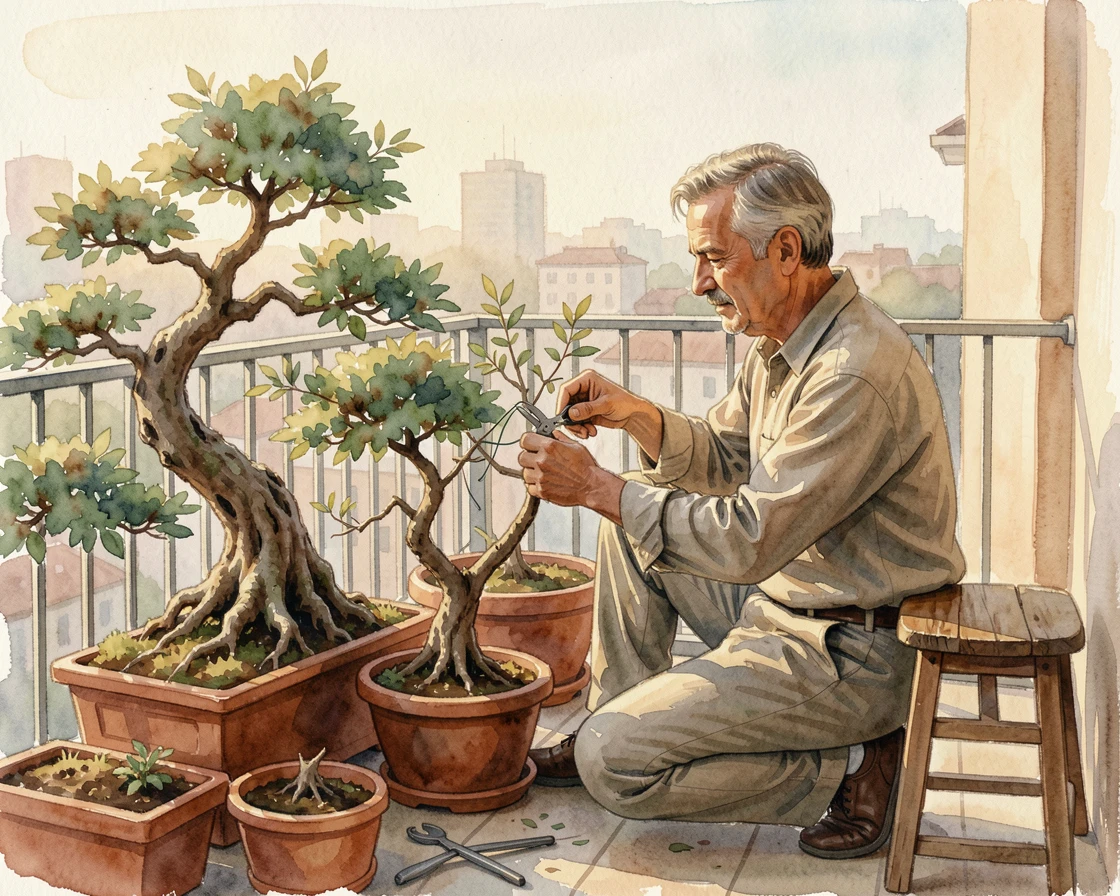 A man tending to bonsai trees on a balcony in a relaxed, unhurried setting.
