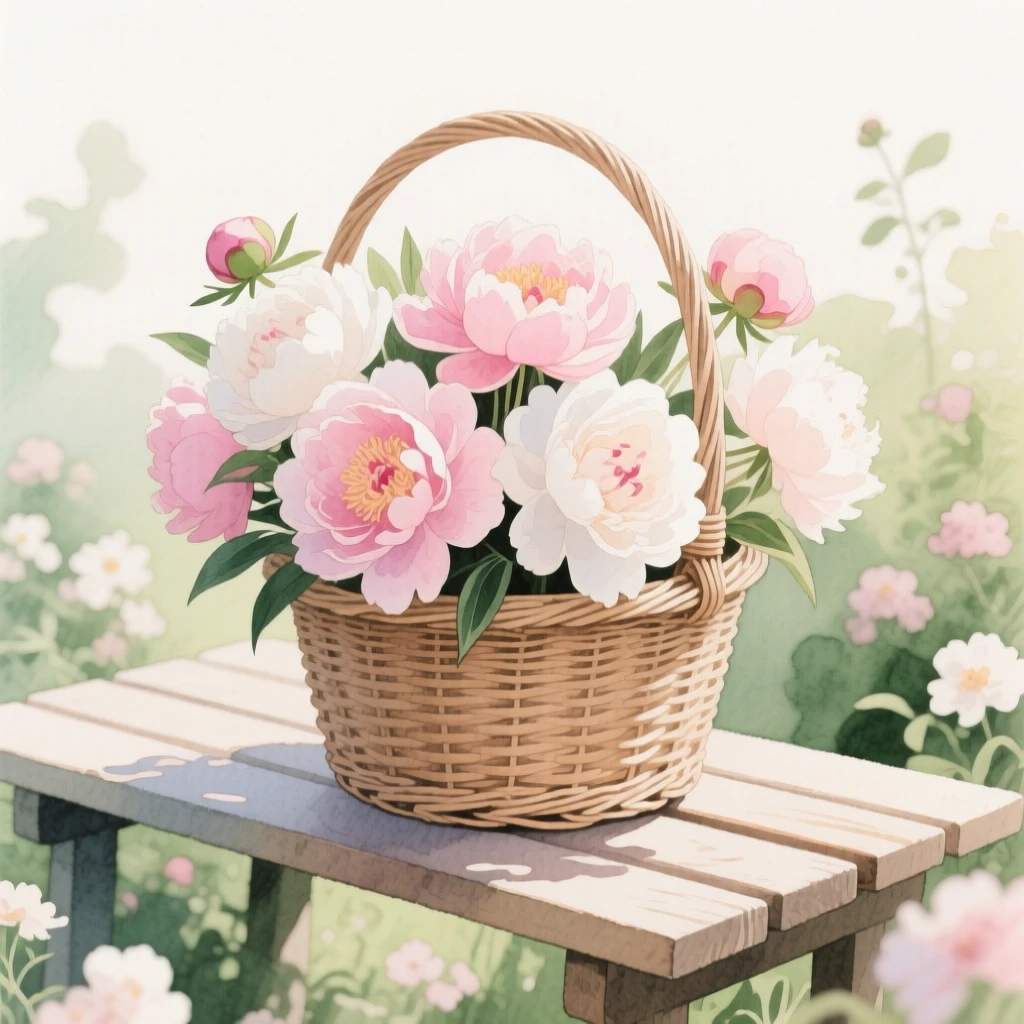 A bouquet of peonies in soft, layered tones fills a woven wicker basket on a garden bench in bloom, petals catching the gentle light