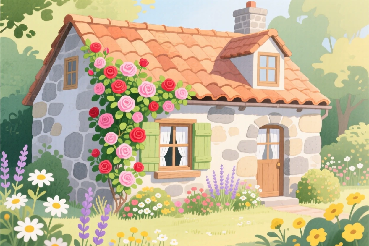 A stone cottage covered in climbing roses, framed by blooming flowers and soft afternoon light.