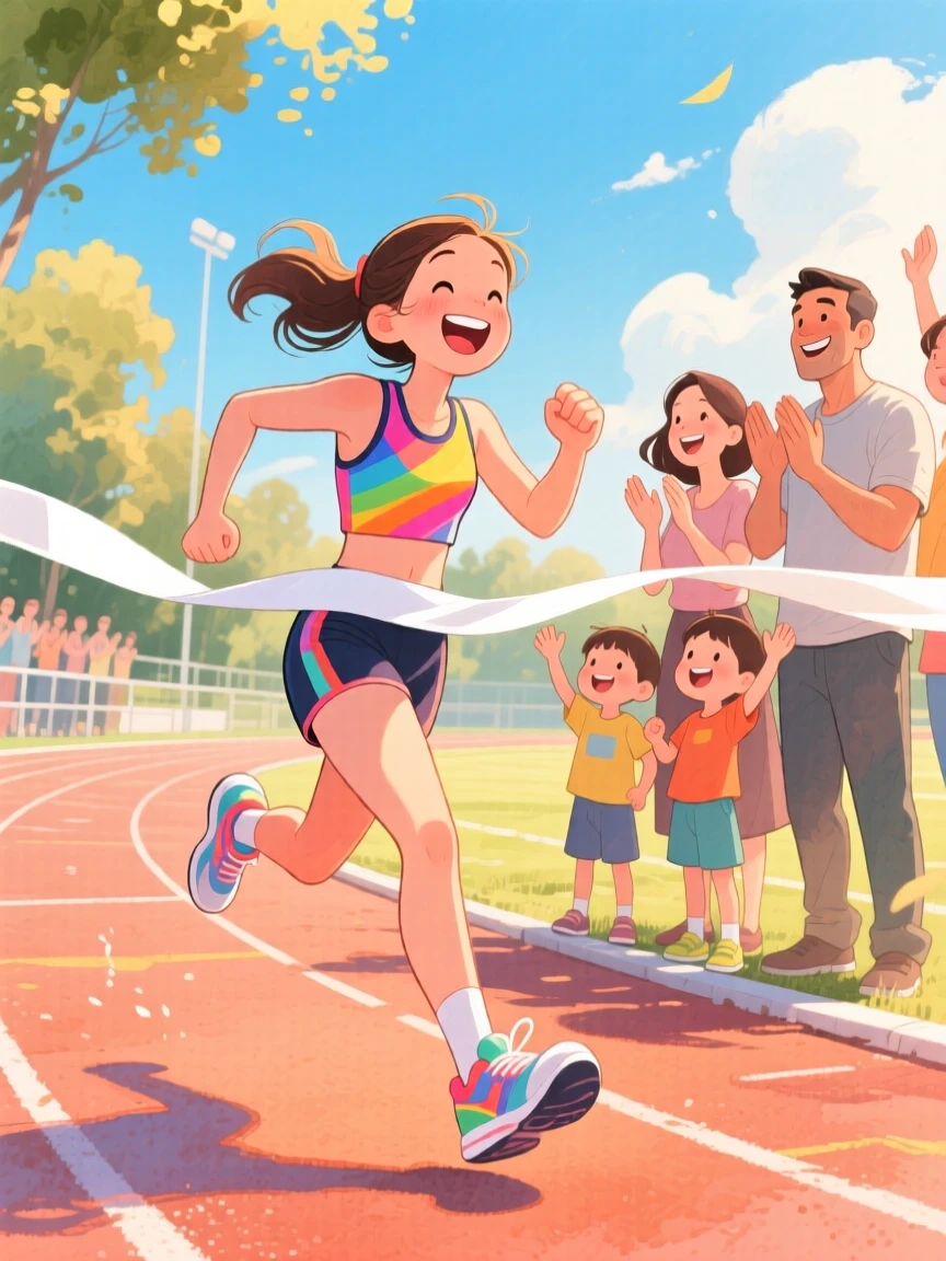 A young athlete crossing the finish line, cheered on by her proud family, bathed in warm afternoon sunlight, radiating kindness, hope, and heartfelt emotion.