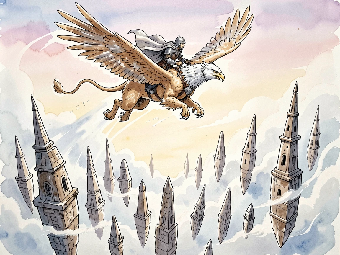 A griffin rider soaring above a kingdom of floating stone spires, swirling light and mist adding a dreamlike quality.