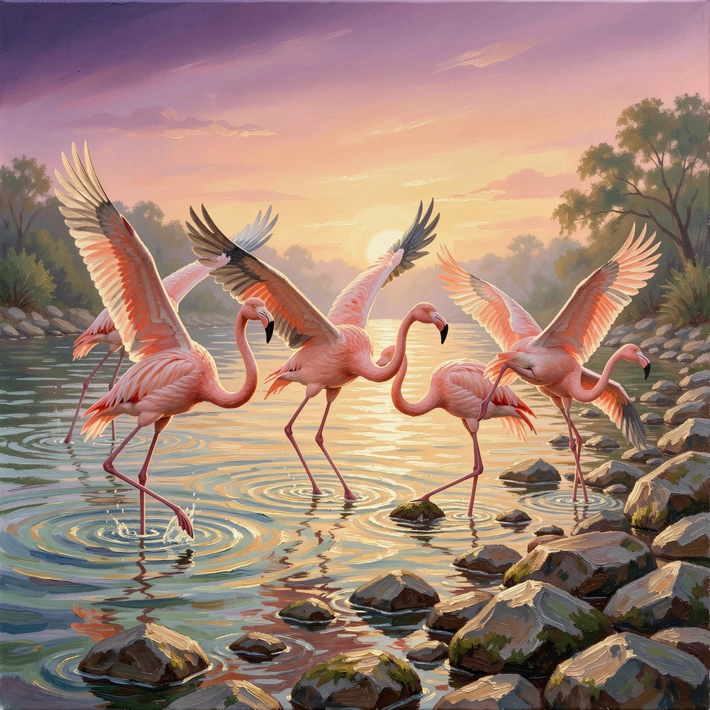 Along a rocky riverbank at dawn, a flock of pink flamingos wading in shallow water, wings spread wide in mid-flight, at sunrise, feathers catching the first golden light.