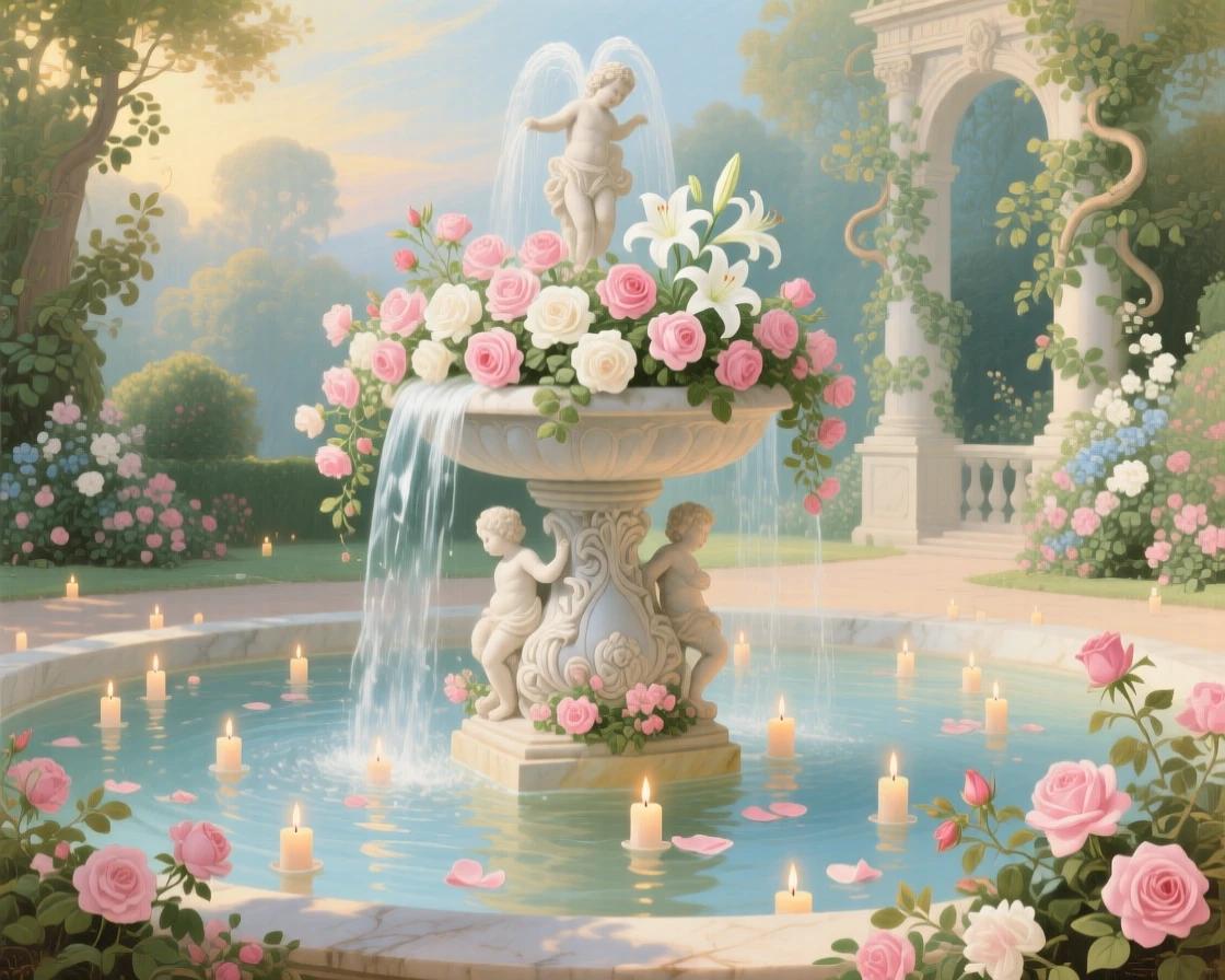A garden fountain overflowing with roses, lilies, and floating candles  