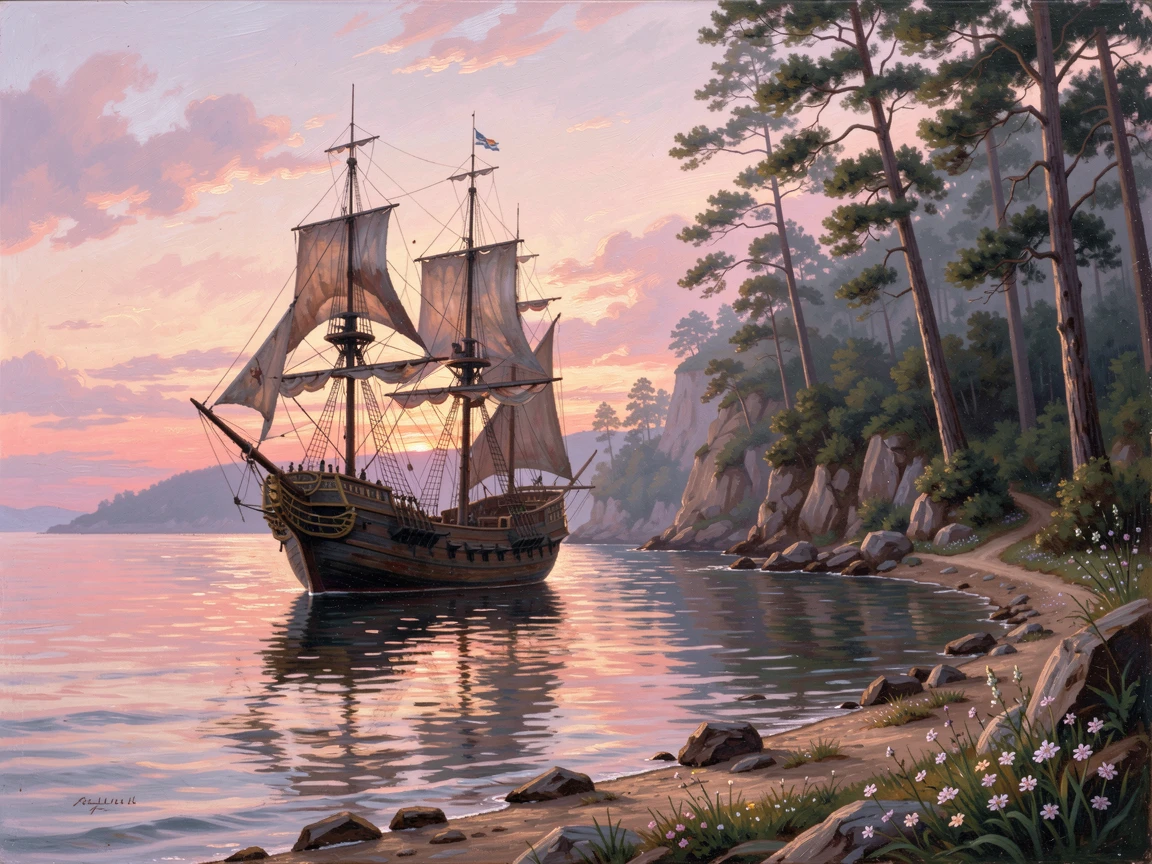 A pirate ship drifts silently through a quiet cove at first light as the shoreline comes into view.