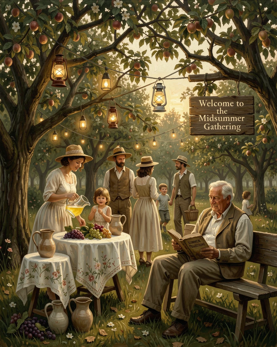 A summer garden party with lanterns strung between blooming trees, as golden or twinkling light creates a magical atmosphere, celebrating the beauty and traditions of the time of year