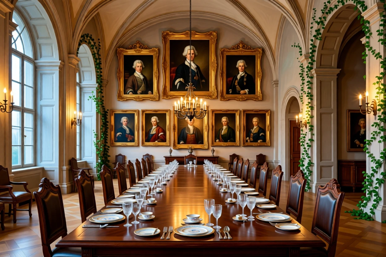 A stately dining hall with a long table set beneath ancestral portraits awaiting the arrival of guests soon to fill its halls, set within a palace built for generations of nobility, with climbing ivy softening the edges of ancient stonework; warm interior light contrasts with cool light spilling in from outside, filled with hushed splendor and architectural harmony.