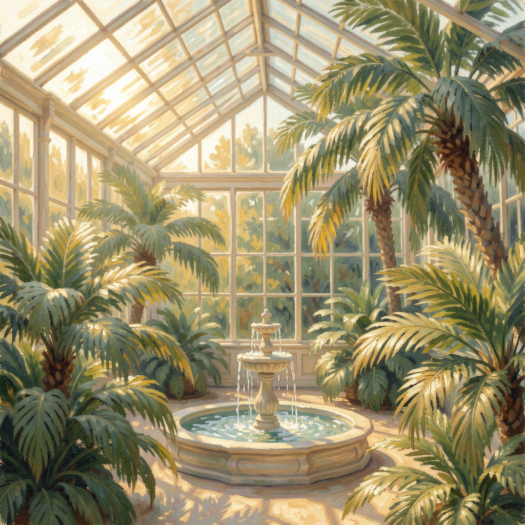 A grand glass conservatory filled with exotic palms and a fountain at its center, sunlight streaming through the panes, in the lush green of midsummer, radiating serenity and gentle stillness.