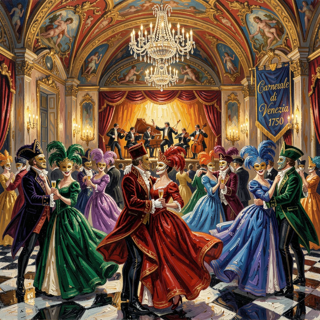 A grand Venetian carnival ball with guests in ornate masks and flowing gowns.