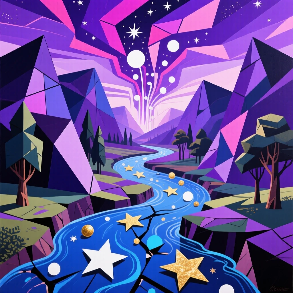 A river of stars flowing through a dreamlike valley beneath a violet sky.