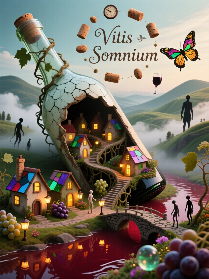 A sprawling village built inside the hollow of an old wine bottle hums quietly with a life entirely its own, while everything beyond its edges fades into soft shadow.