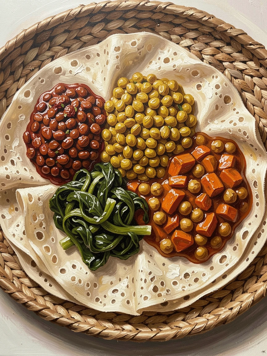 A traditional Ethiopian meal shows colorful stews served atop spongy injera bread, arranged communally on a large woven tray, natural light gently highlighting the colors and shapes of the dish from above.
