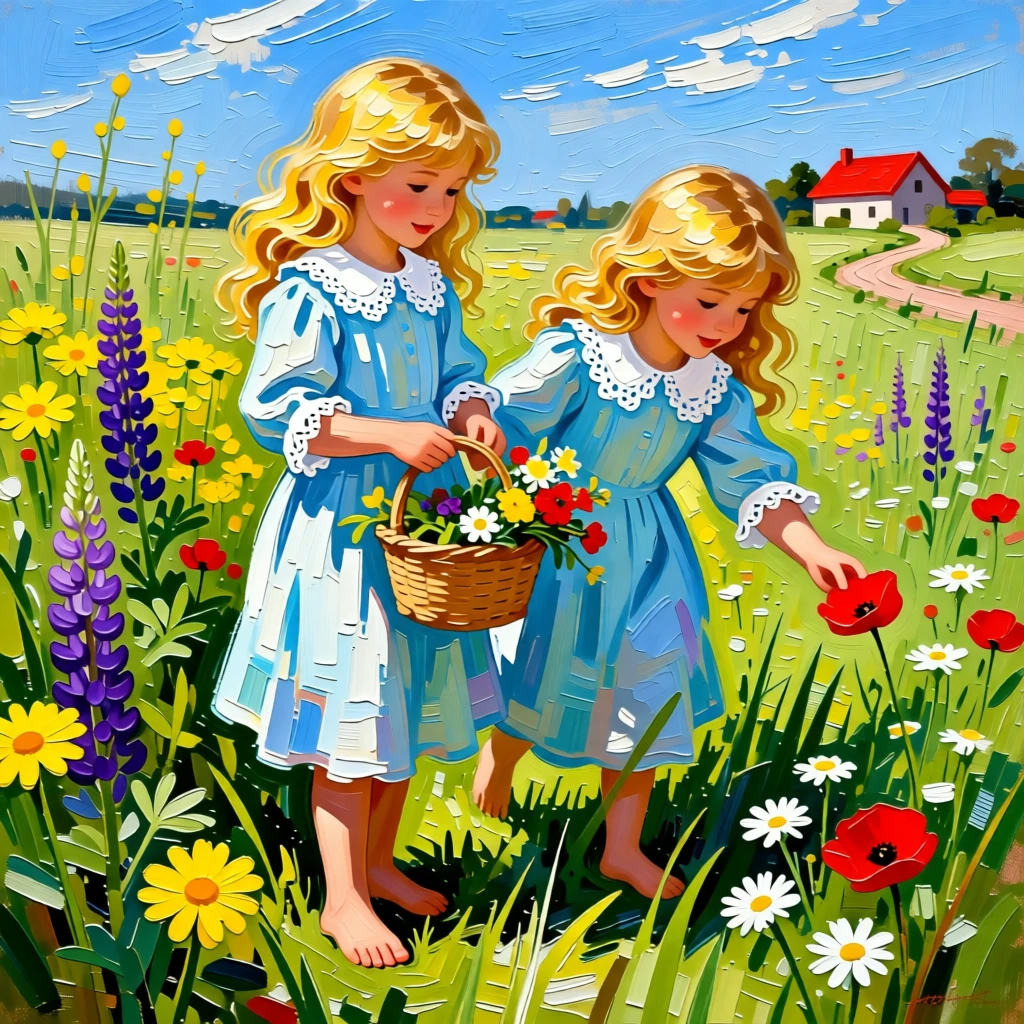 Twin girls in matching dresses picking wildflowers in a sunlit meadow