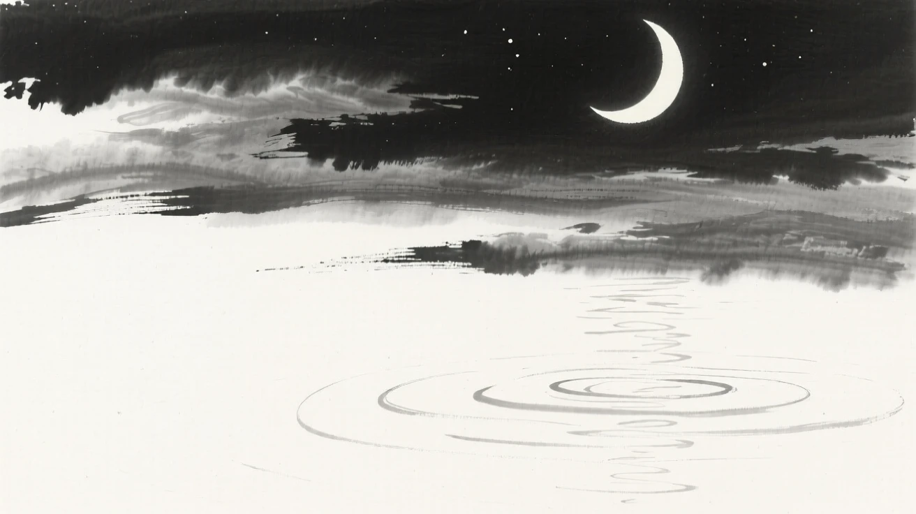 Moonlight glimmers softly across the surface of a still lake, with clouds drifting slowly across the night sky.