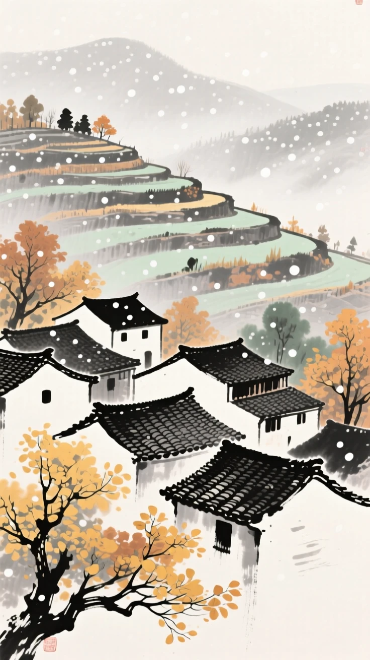 A terraced hillside village with tiled rooftops catching the light, as autumn leaves turn golden, suffused with quiet joy, beneath softly falling snow.