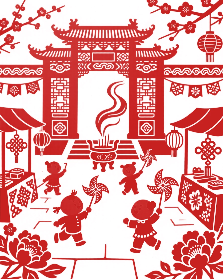 A scene of a temple courtyard at festival time, where children weave between stalls chasing paper windmills, with the scent of incense drifting through the air.