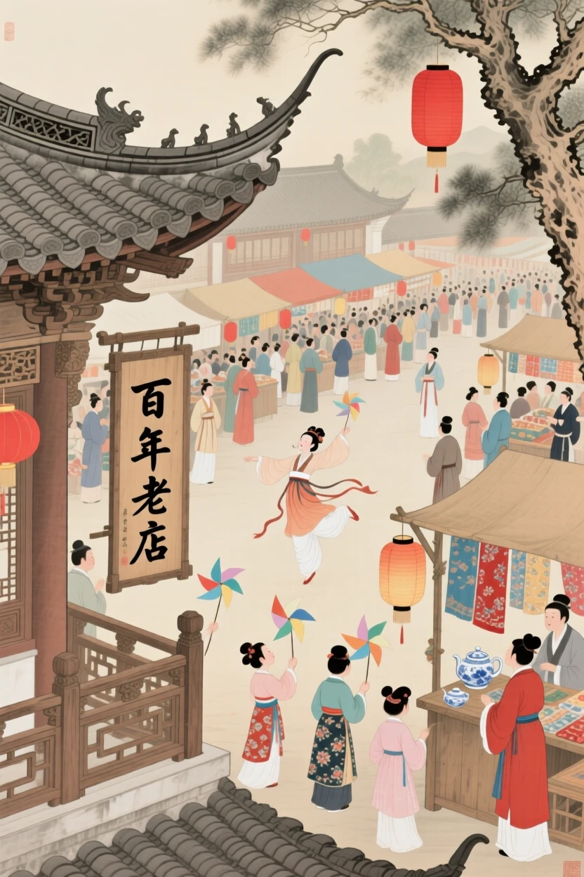 A temple fair crowded with vendors, acrobats, and paper windmills, viewed from a quiet rooftop above the celebration