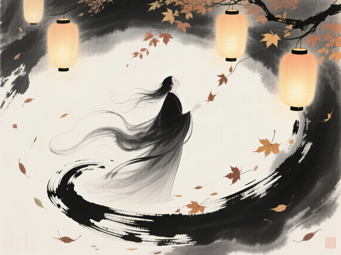 A wind spirit stirring autumn leaves into a spiral beneath a canopy of glowing lanterns, balanced with soft negative space around the central figure, evoking wonder, myth, and quiet reverence.