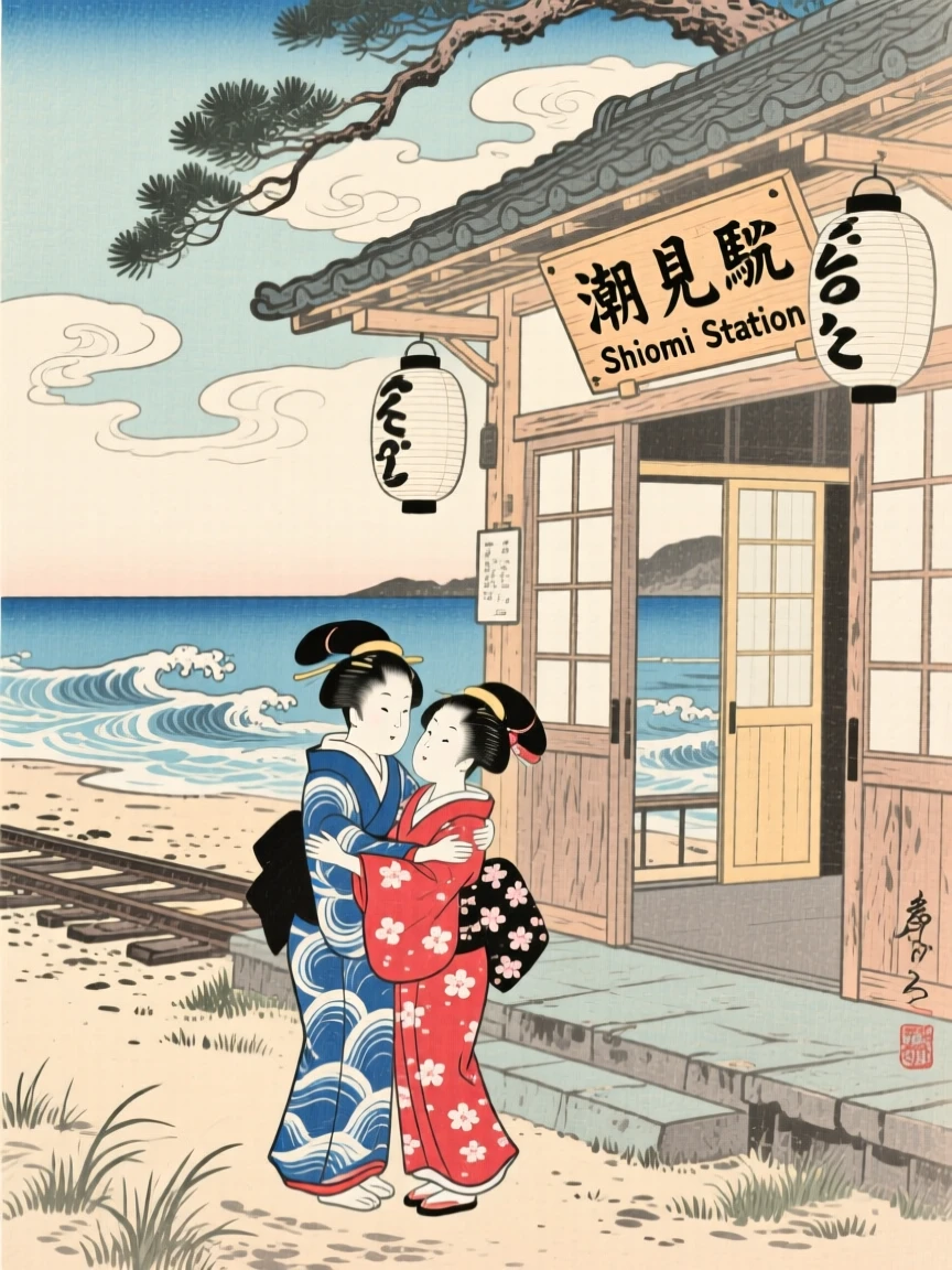 Siblings on a beach reuniting with a warm embrace at a train station.