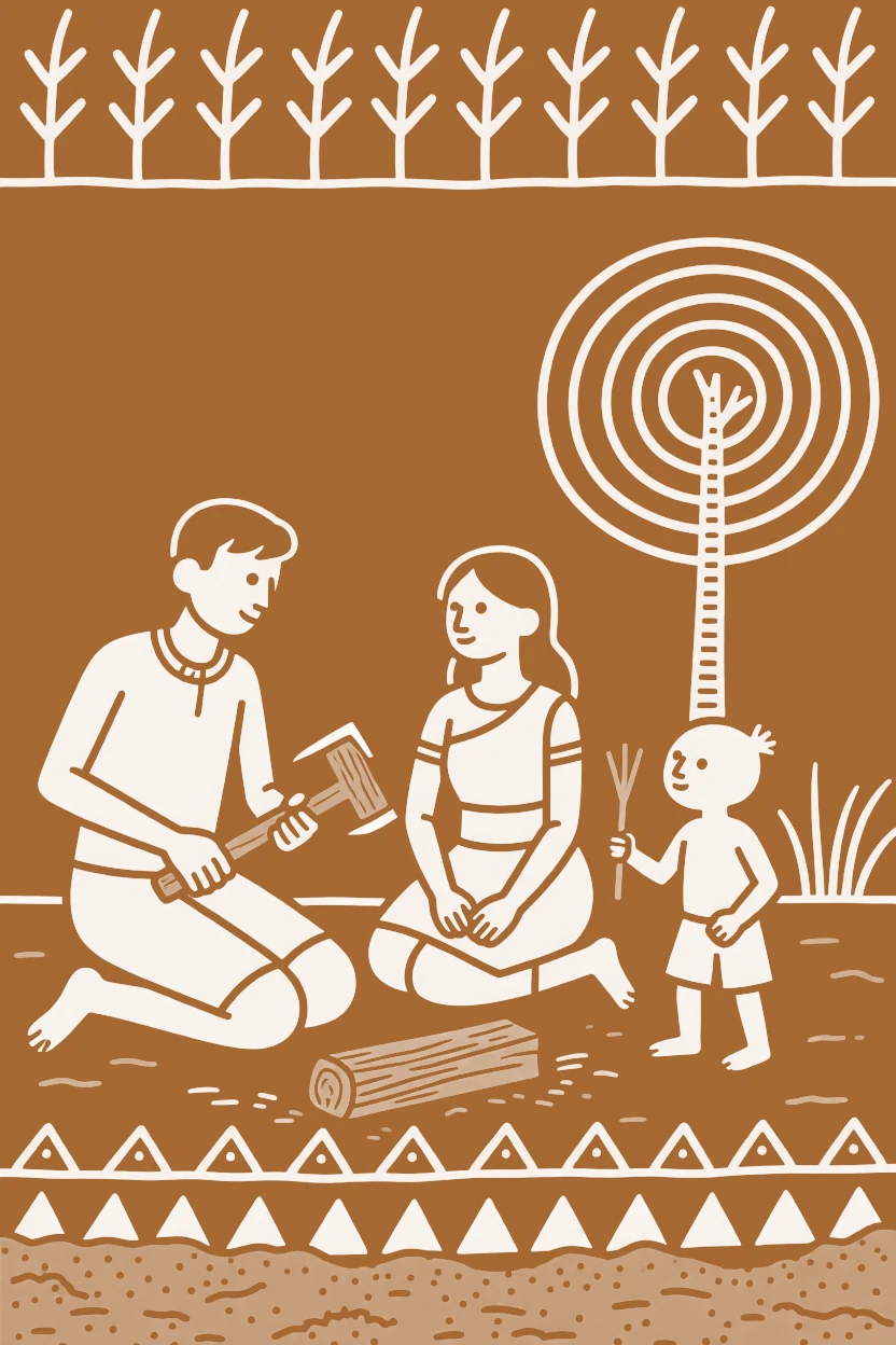 A farming family carving a wooden tool by hand.