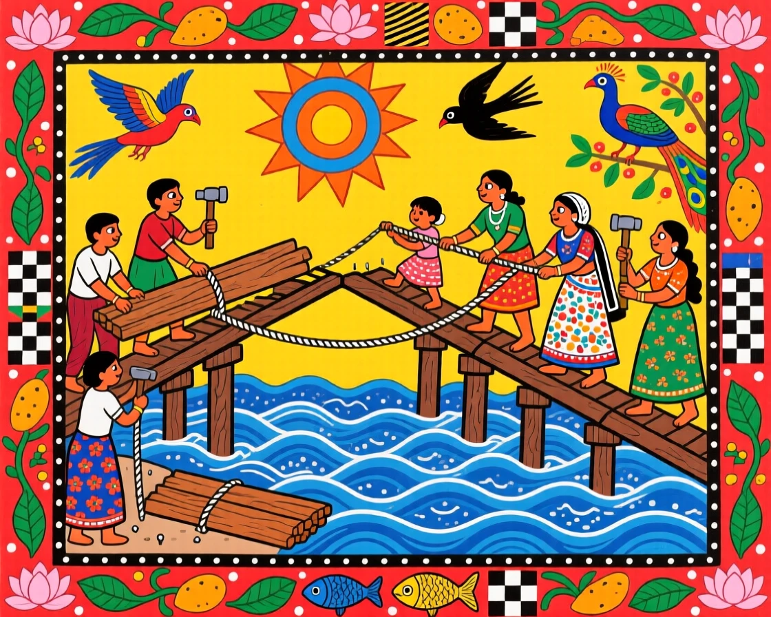 A community rebuilding a bridge washed away by monsoon floods.