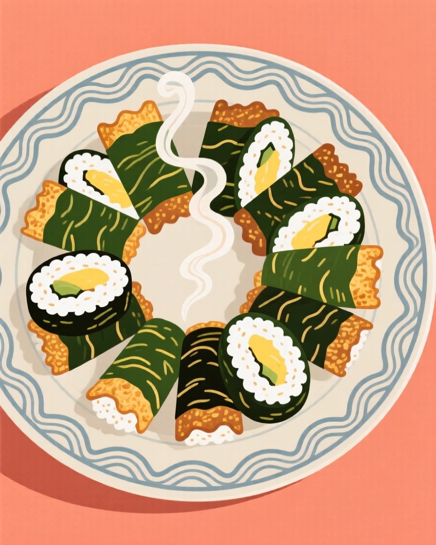 A plate of crisp seaweed rolls sliced and arranged neatly.