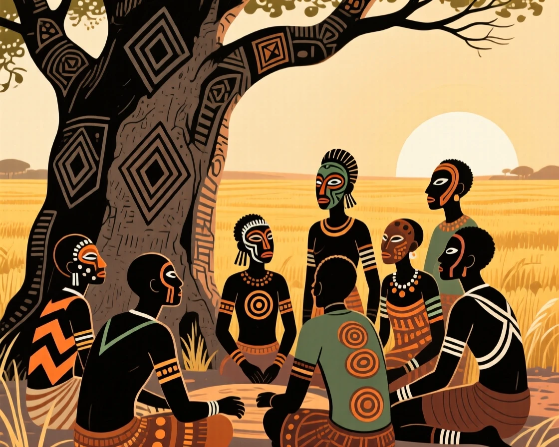 A group gathering under a tree to escape the midday heat as the sun rises over the fields.