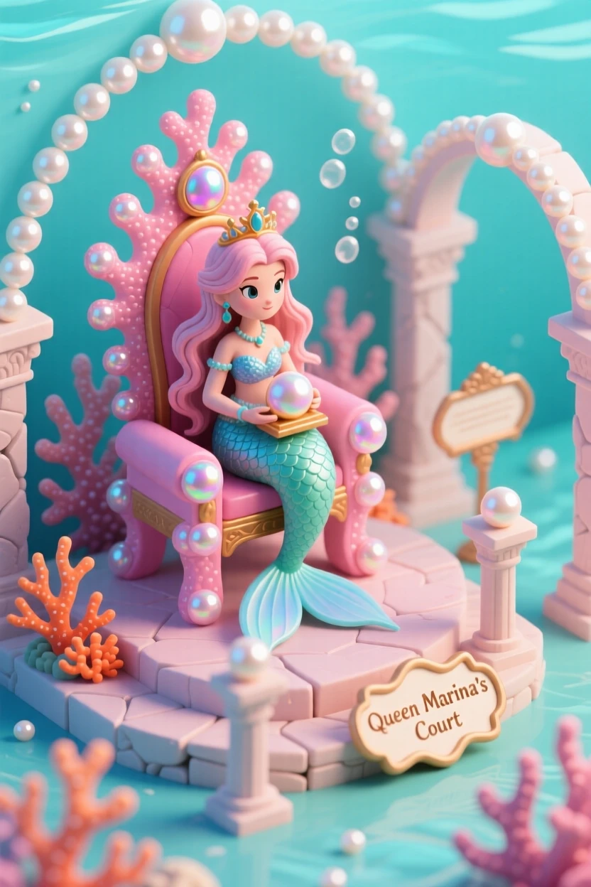 A mermaid queen holding court in a throne room built from coral and pearls beneath the waves.