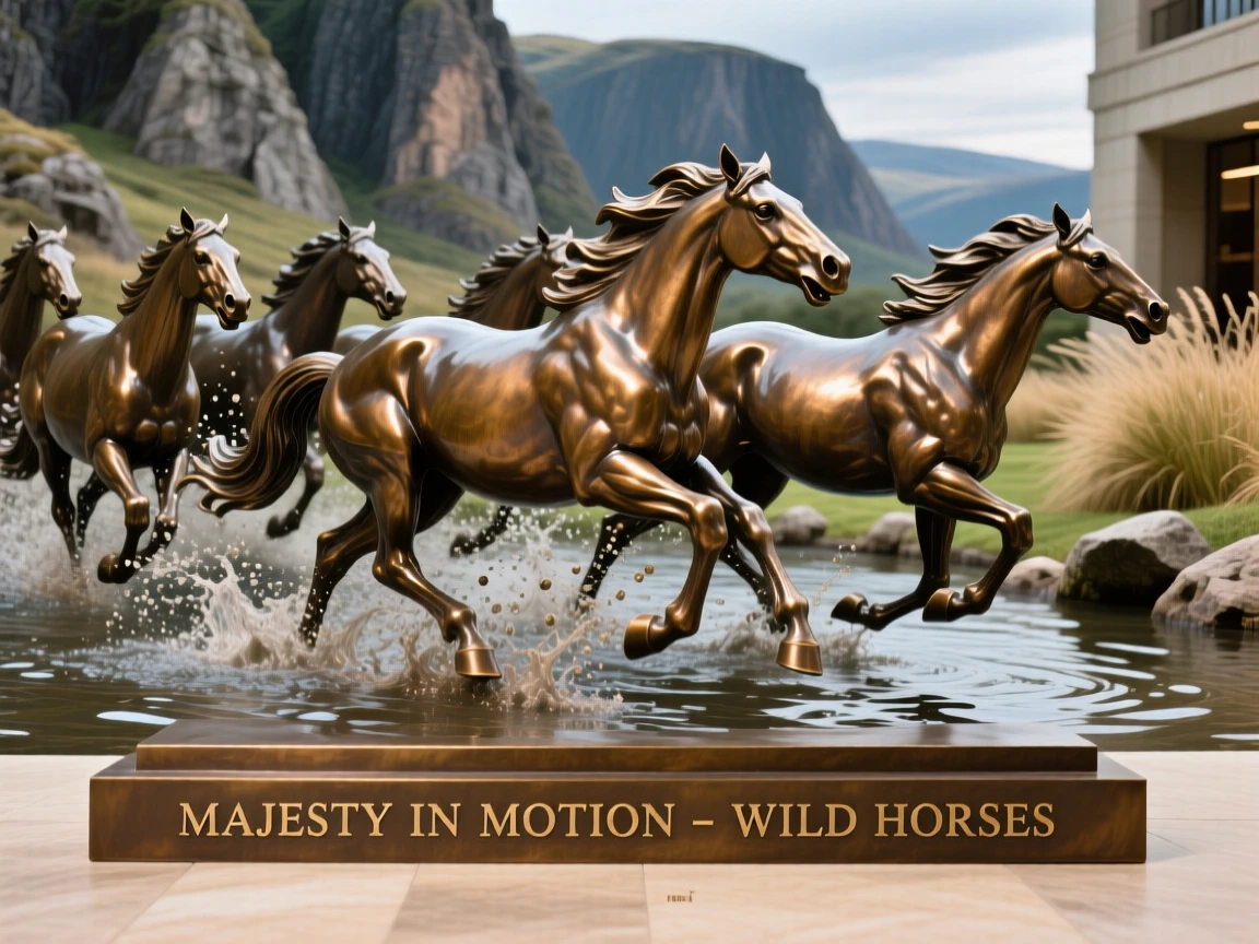 A herd of wild horses running through shallow water, framed by dramatic natural scenery, evoking wonder and majesty