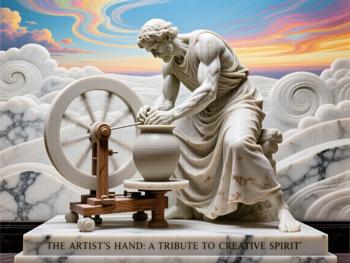 An evocative depiction of a potter shaping clay on a spinning wheel, under a brilliant, colorful sky, balancing detail with emotional depth