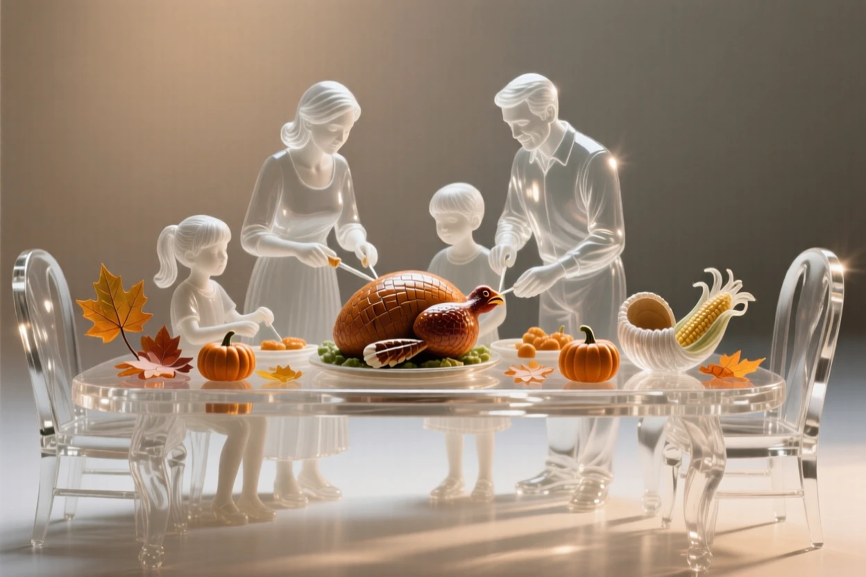As frost begins to sparkle across the ground, a family carving a turkey at a long autumn table