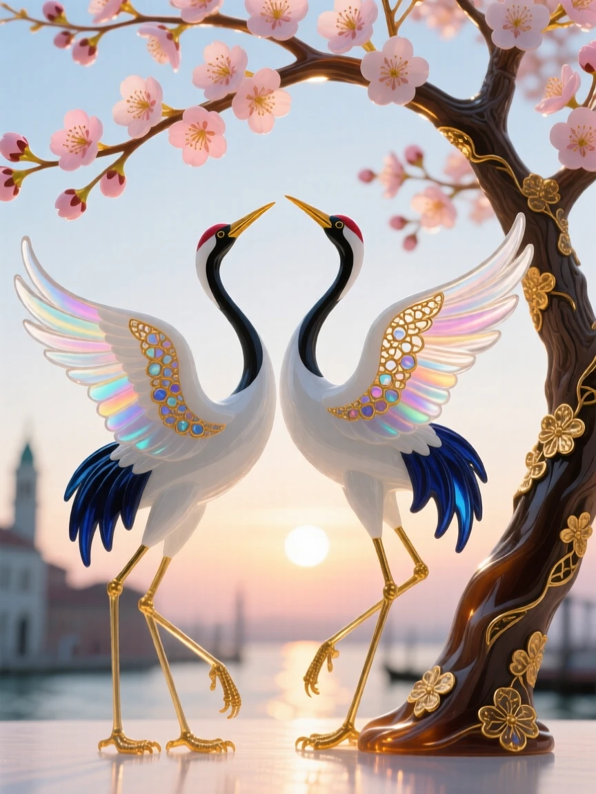 A pair of cranes dancing together beneath a blossoming cherry tree at dawn, elegant and symbolic.
