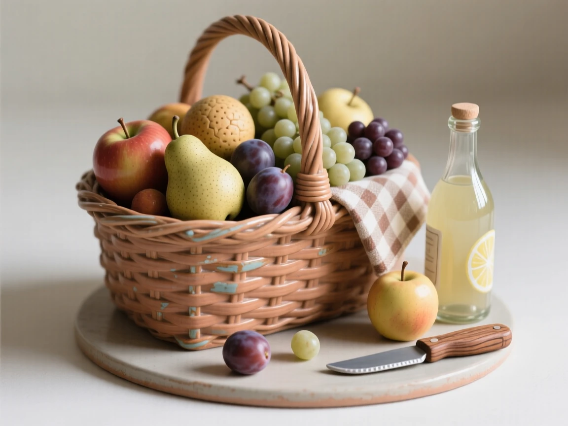 A picnic basket spilling over with fruit posed as if just set down a moment ago, framed by a scattering of small complementary props, radiating warmth and homely comfort.