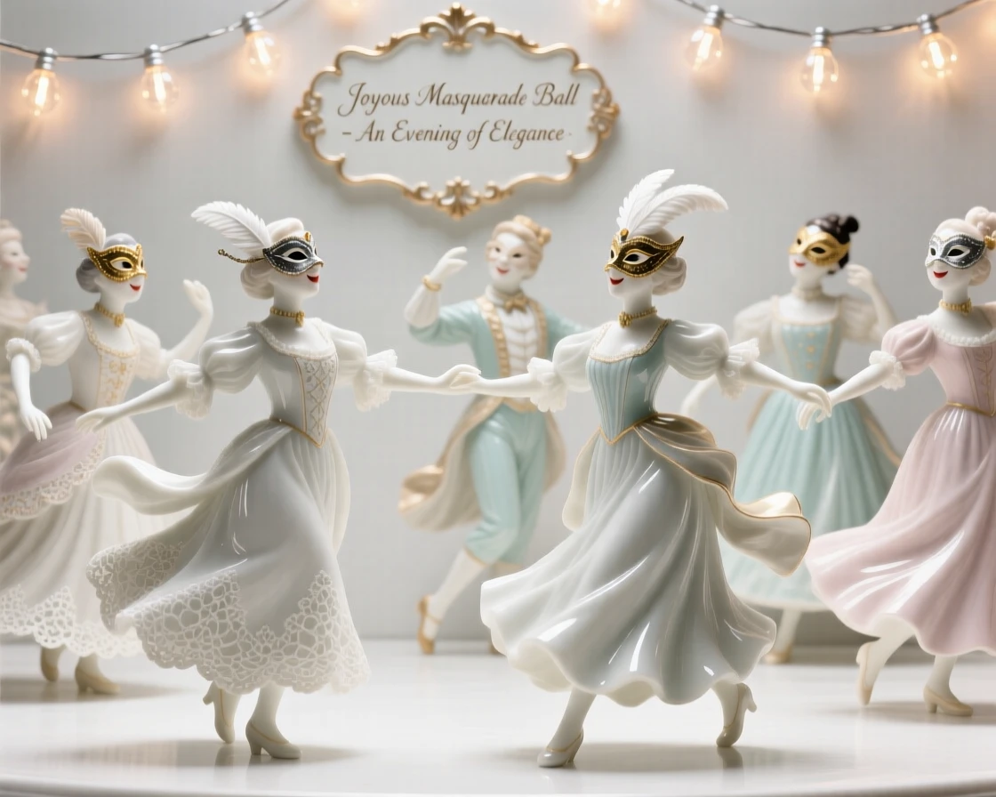 A joyful a masquerade ball scene, softly glowing from strings of light.