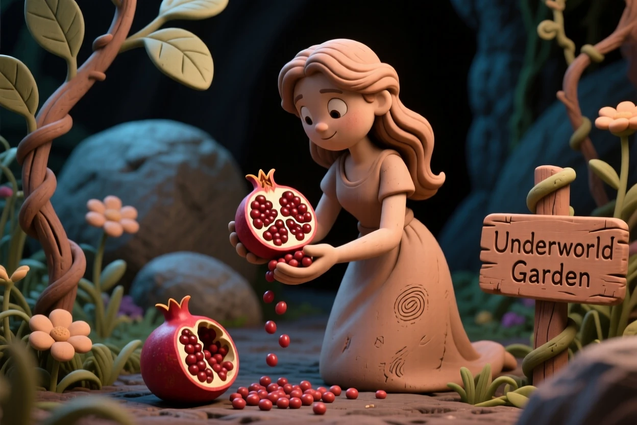 Persephone gathering pomegranate seeds in an underworld garden
